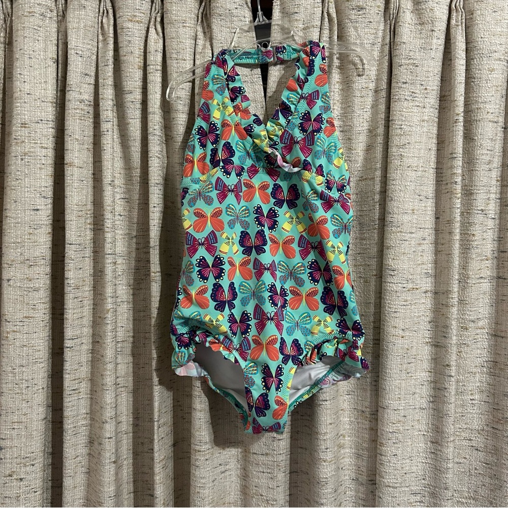Garnet Hill Kids Girls' Ruffle-Trimmed Halter One-Piece Swimsuit